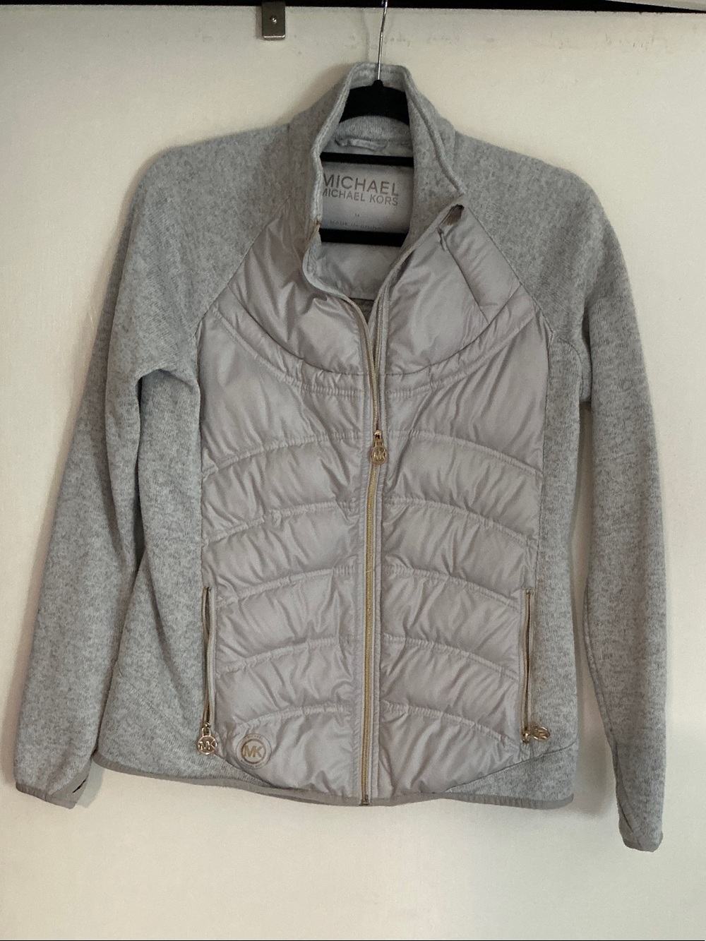 Michael Kors Light Gray Quilted Front Knit Sleeve Jacket